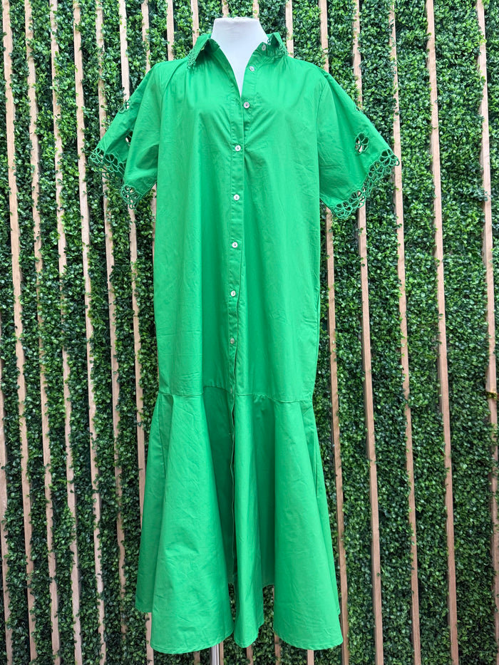 Beautiful Green Embroidered Trim Blouse Midi Dress