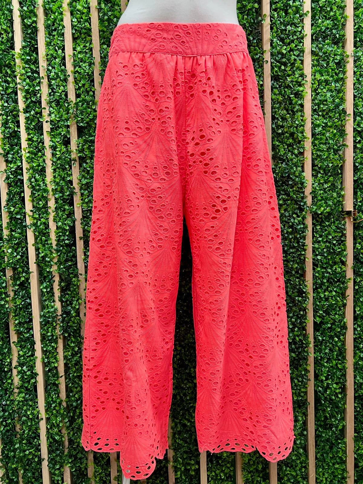 Exquisite Neon Coral Boho Chic Eyelet Wide Leg Pants