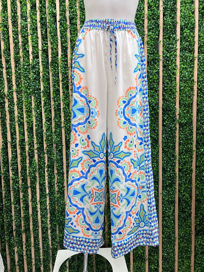 Blue Mediterranean Deco Print Wide Leg Pant