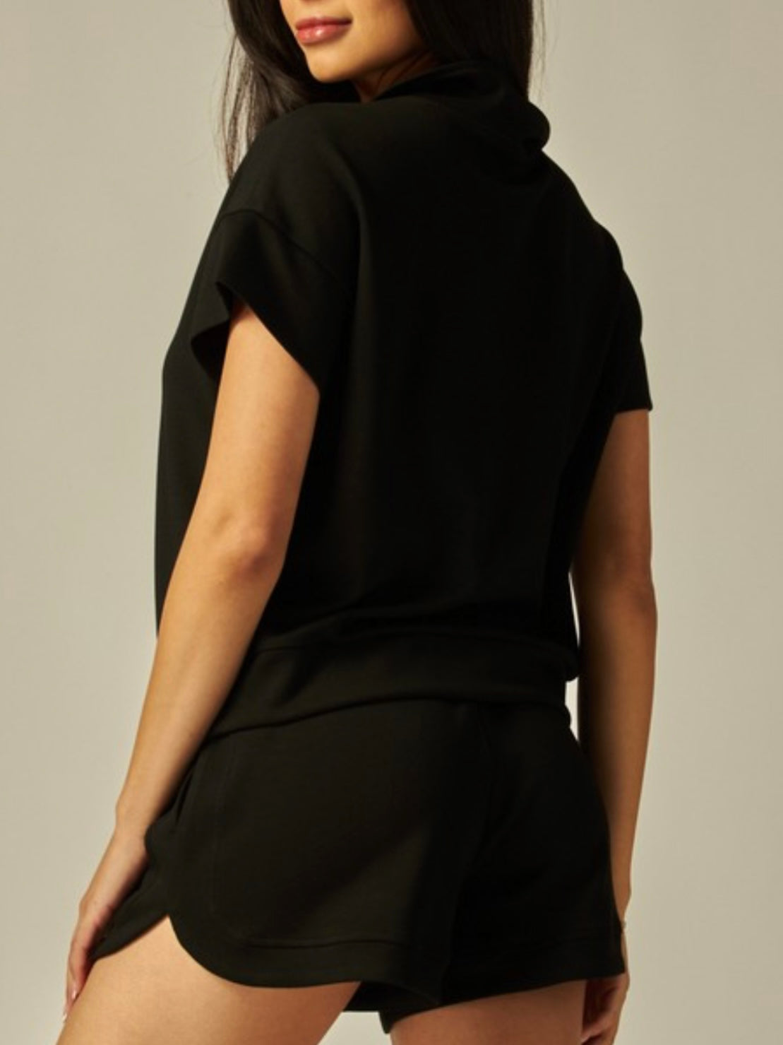 Black Zipper High Neck Modal Short Pant Set