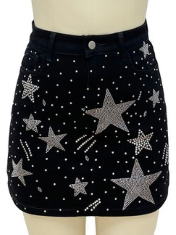 Black Star Studded Short Denim Skirt