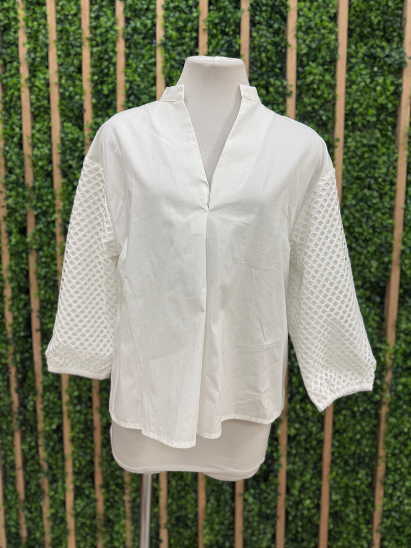 White Contrast Sleeve V Neck Blouse