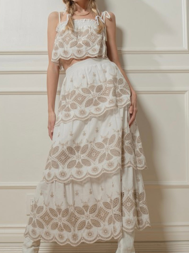 White Embroidered Strapless Maxi Skirt Set