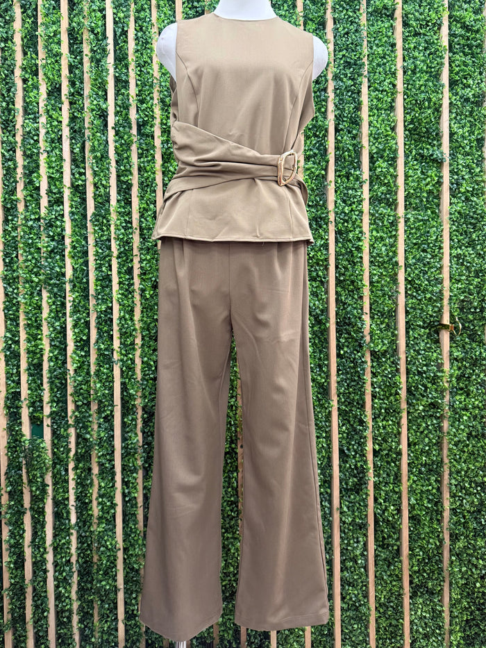 Mocha Buckle Trim Ruched Sleeveless Top