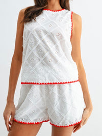 White Eyelet Two-Piece Short Set with Red Trim