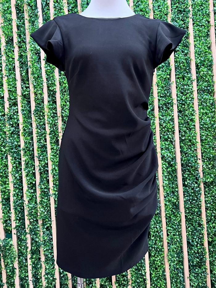 Round Neck Flutter Cap Sleeve Ruched Detail Dress