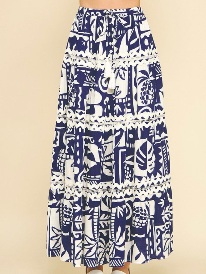 Blue White Tropical Printed Maxi Skirt