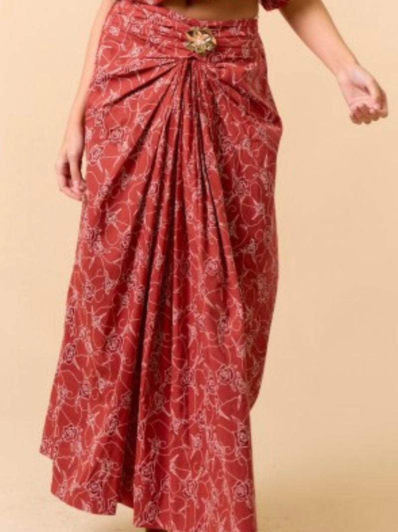 Terracotta Floral Gold floral Detail Midi Skirt