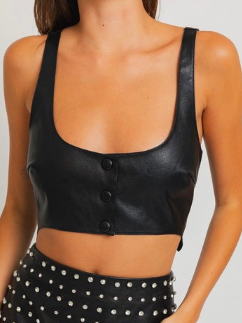 Black Asymmetrical Pleather Crop Top