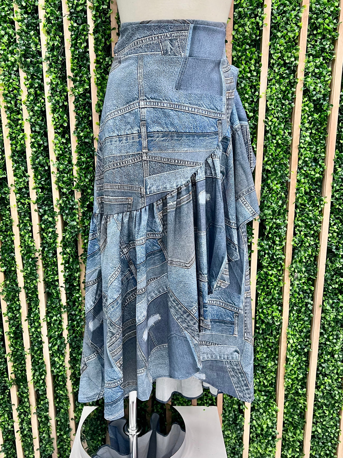 Denim Print Wrap Skirt