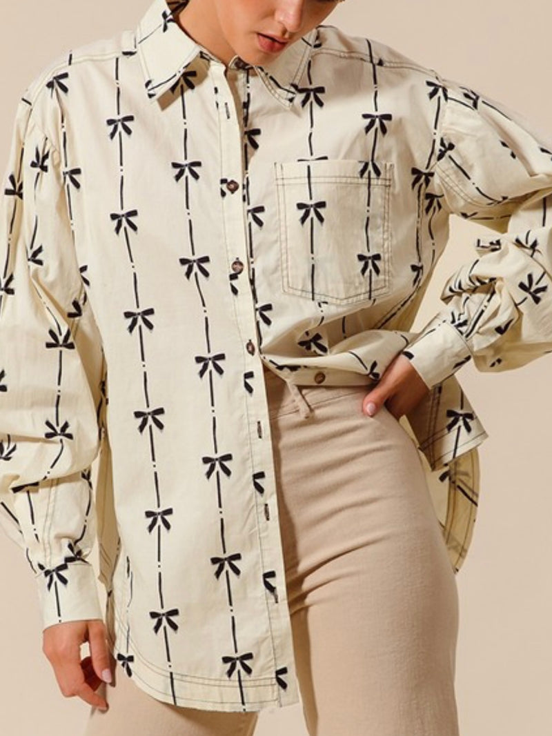 Bow Print Button Down Blouse