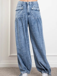 Big Pockets Tie Hem Washed Denim Pants