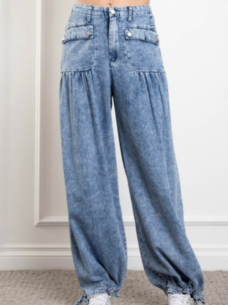 Big Pockets Tie Hem Washed Denim Pants