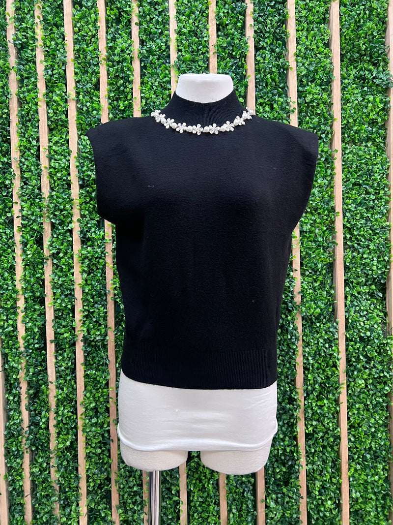 Black Pearl Crystal Short Sleeve Sweater