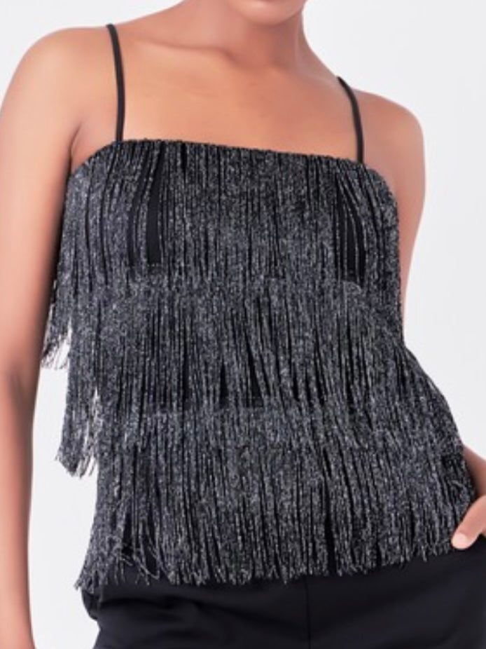 Black Metallic Fringe Strappy Top