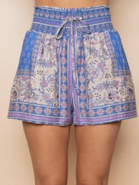 Blue Printed Patchwork Smocked Waist Shorts