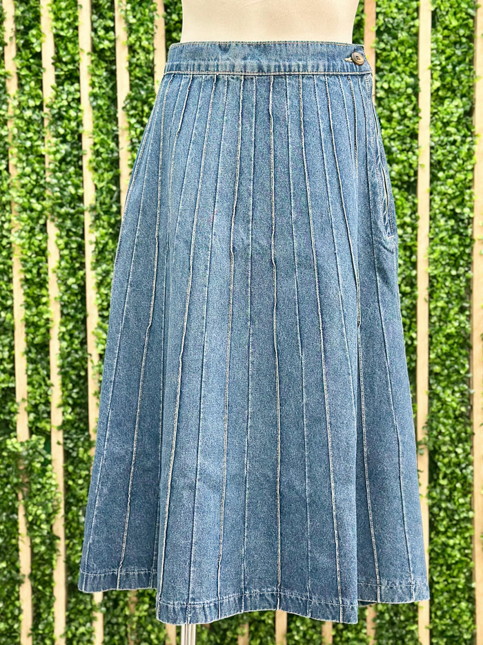 Beautiful Fitted Denim Pleated Midi Skirt