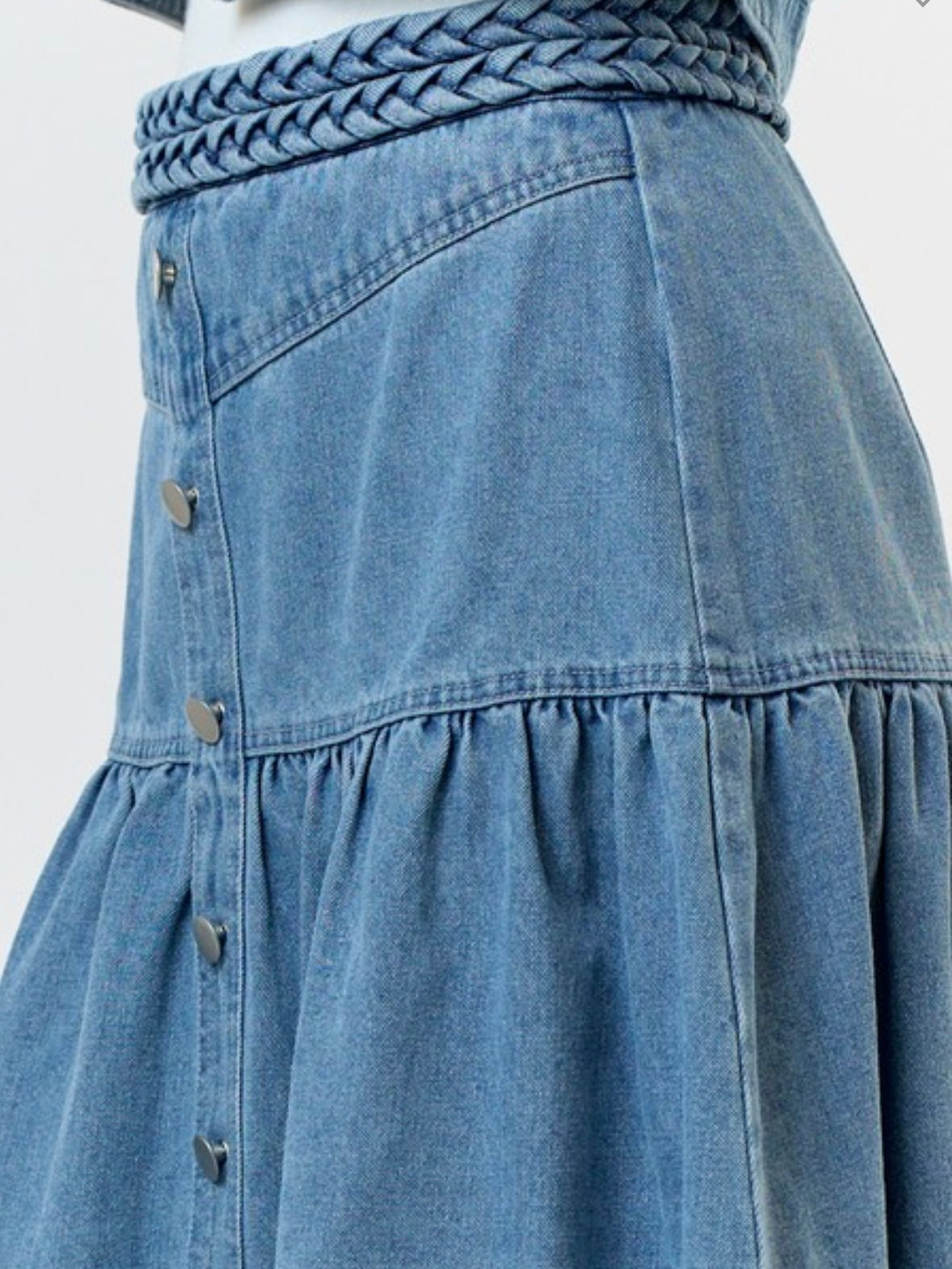 Braided Trim Denim Midi Skirt