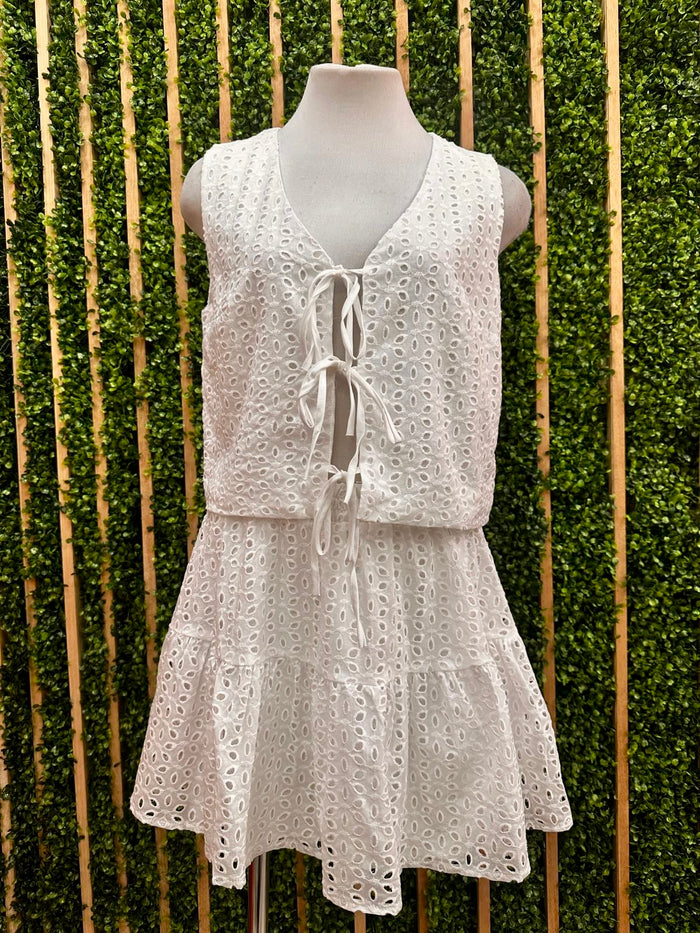 White Floral Eyelet Lace Front Tie Short Skirt Set