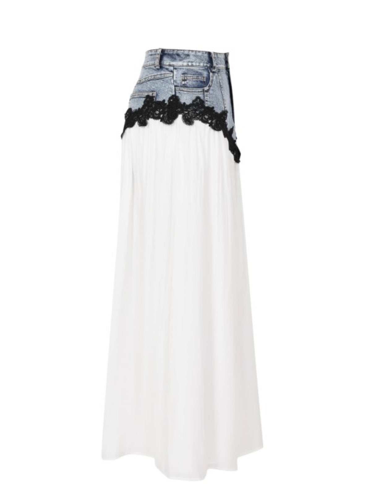 Midnight Romance Contrast Lace Denim Maxi Skirt
