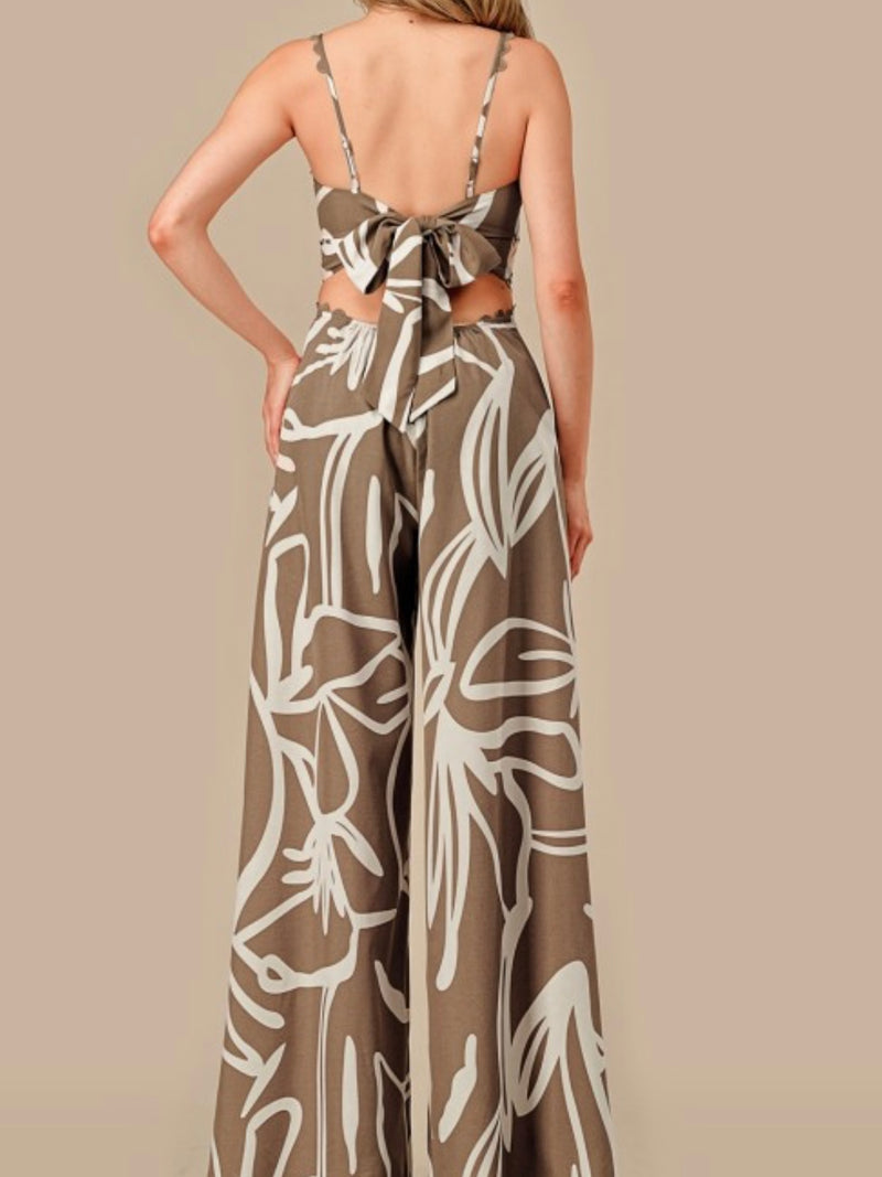 Beautiful Abstract Floral Cutout Mocha Jumpsuit