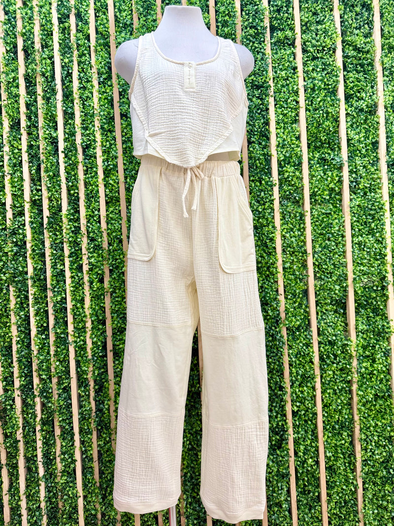 Cream Contrast Gauze Pant Set