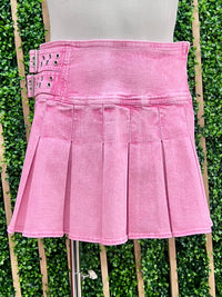 Acid Wash Double Buckle Pleated Denim Short Skirt