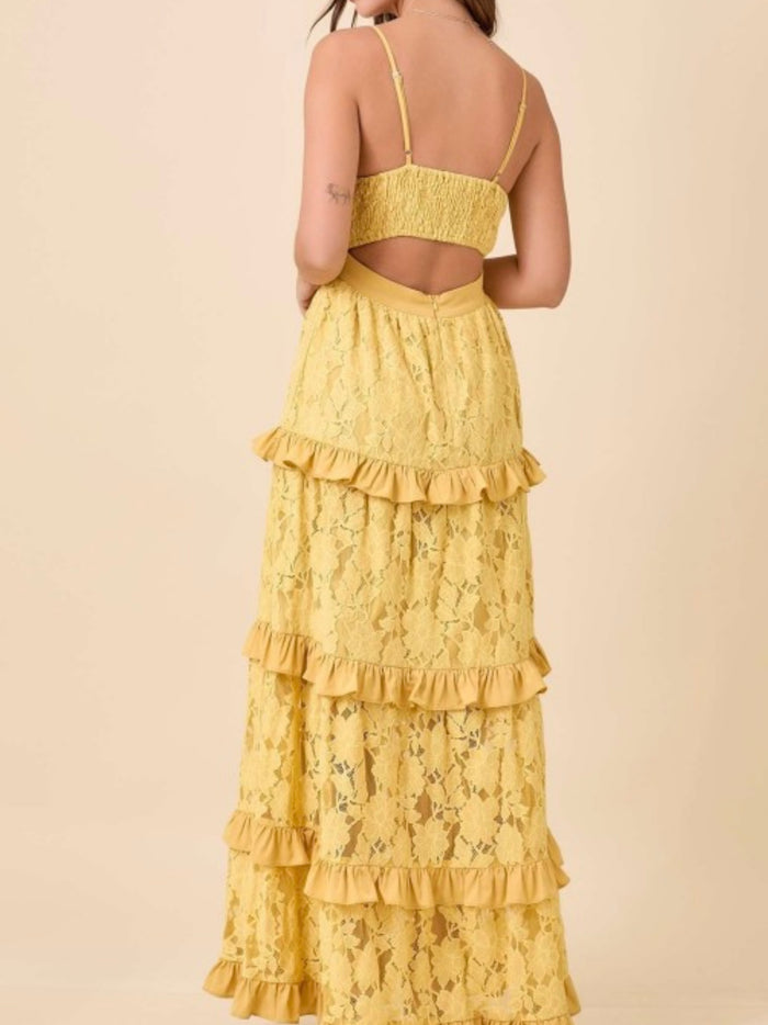 Mustard Lace Tiered Summer Ruffle Maxi Dress