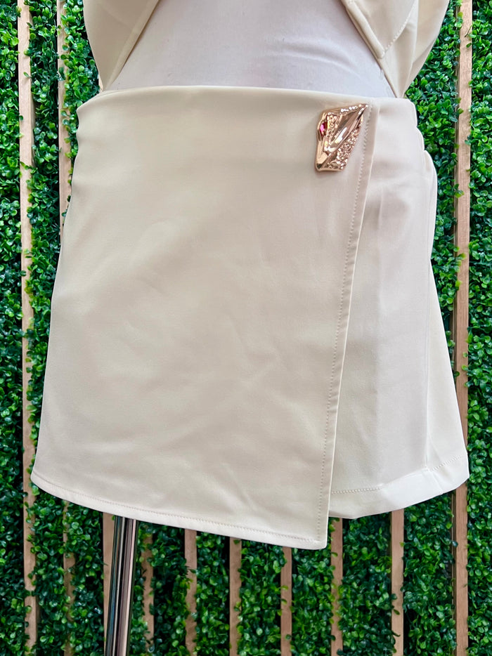 Cream Wrap-Front Skort with Gold Detail