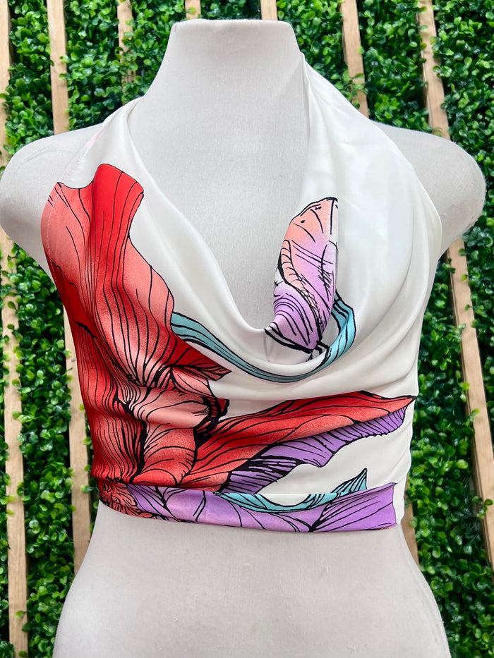 Red White Floral Halter Draped Top