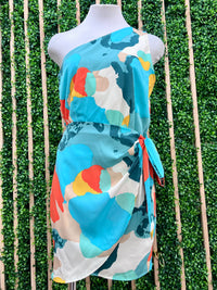 Pretty Abstract Print One Shoulder Wrap Short Dress