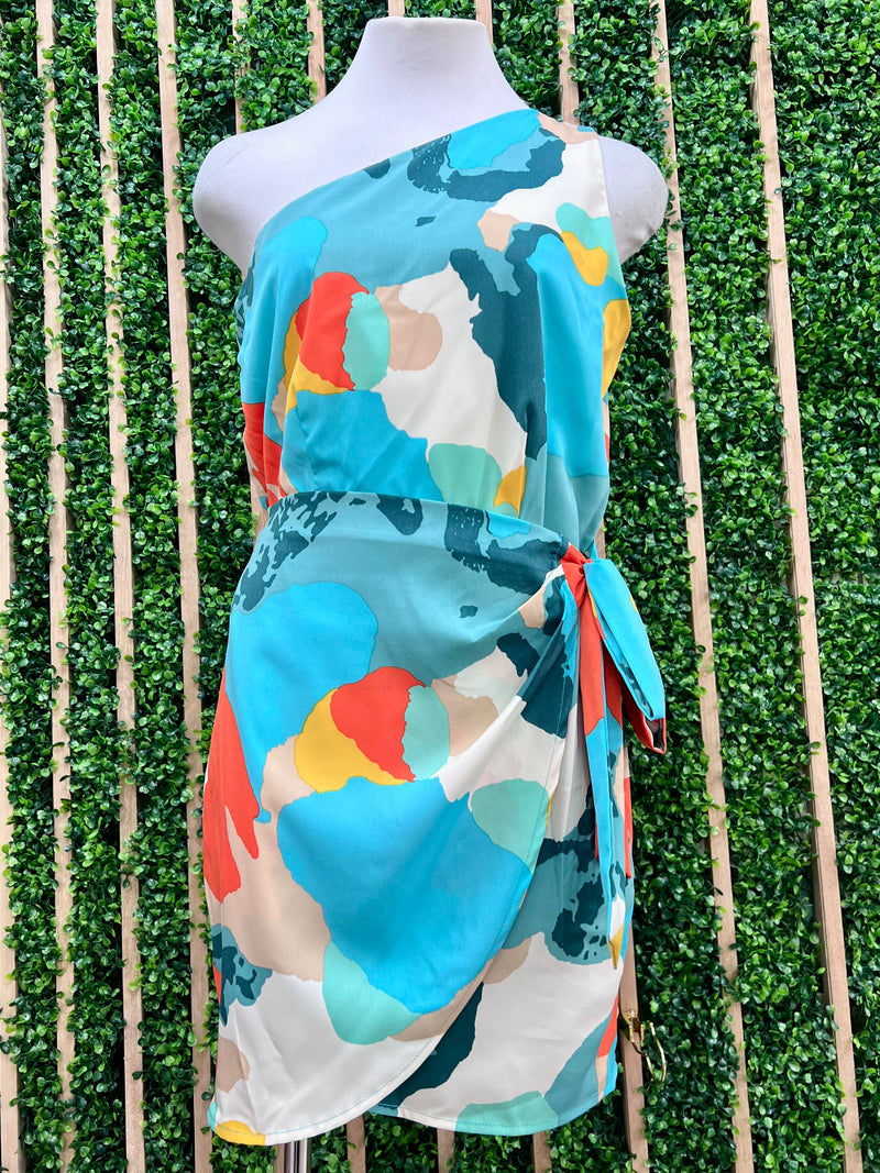 Pretty Abstract Print One Shoulder Wrap Short Dress