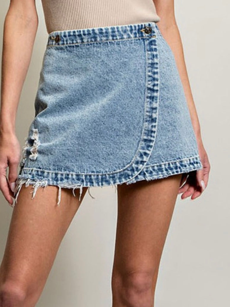Stone Washed Wrap Denim Skirt