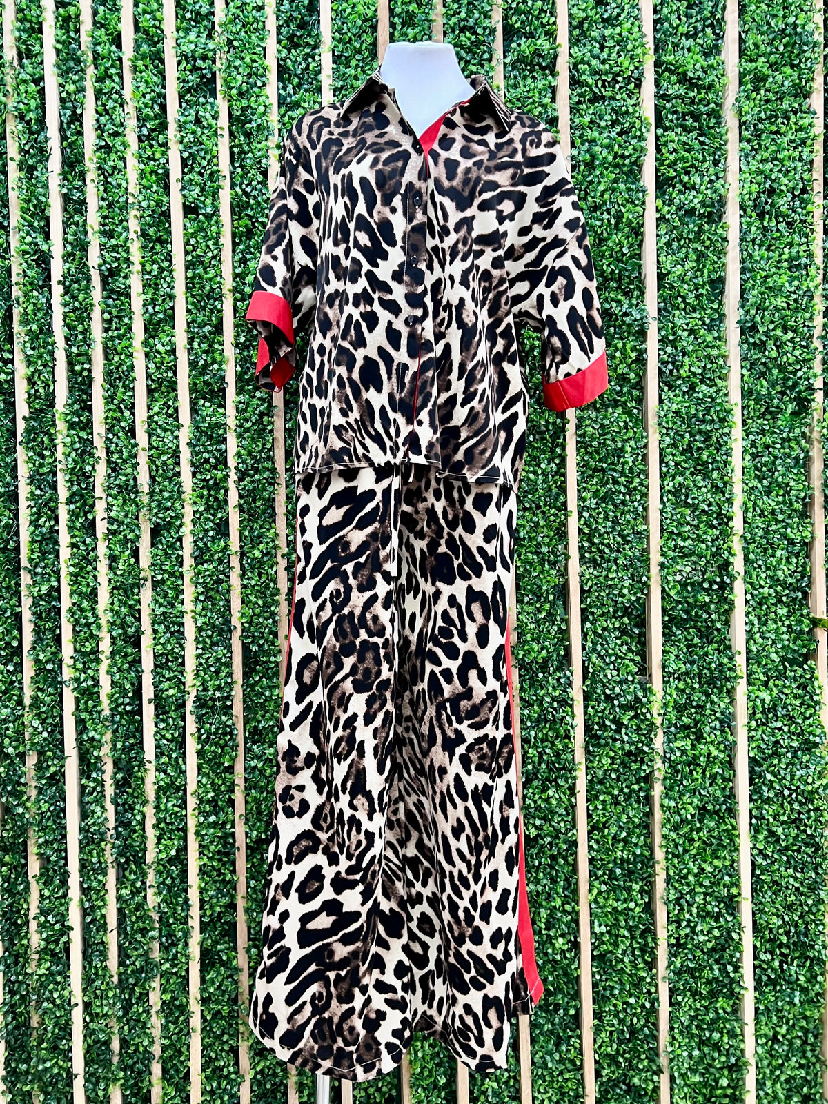 Red Side Stripe Leopard Pant