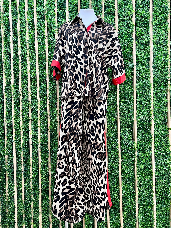 Red Side Stripe Leopard Pant