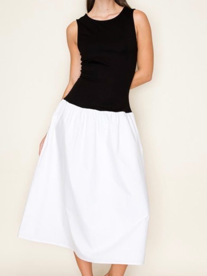 Block Black Ivory Boat Neck Midi Dress