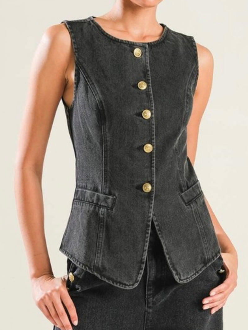 Long Fitted Denim Vest