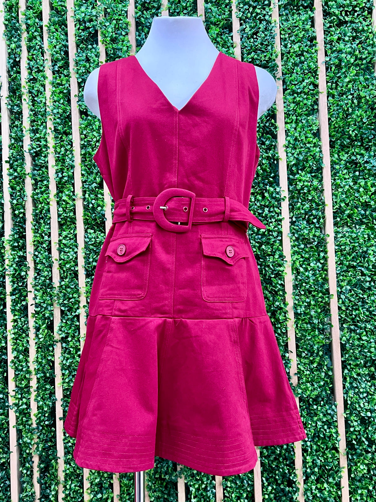 V NEck Belted Ruffle Hem Short Dress