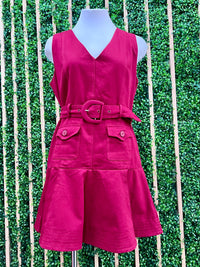 V NEck Belted Ruffle Hem Short Dress