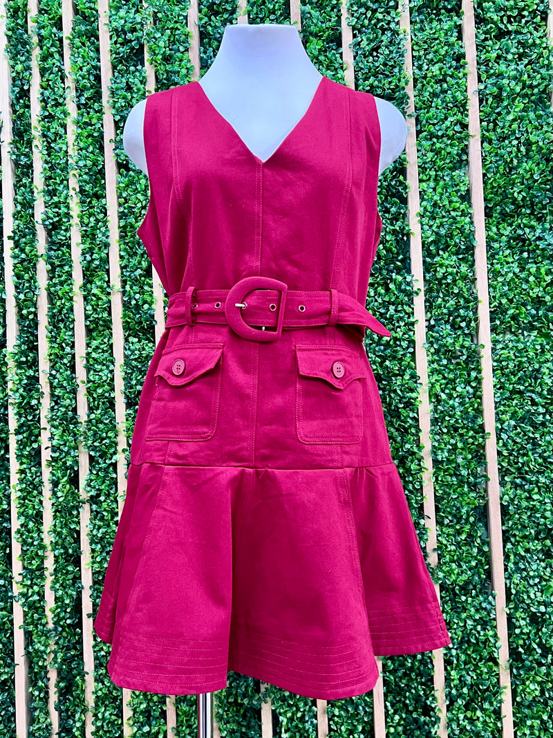 V NEck Belted Ruffle Hem Short Dress