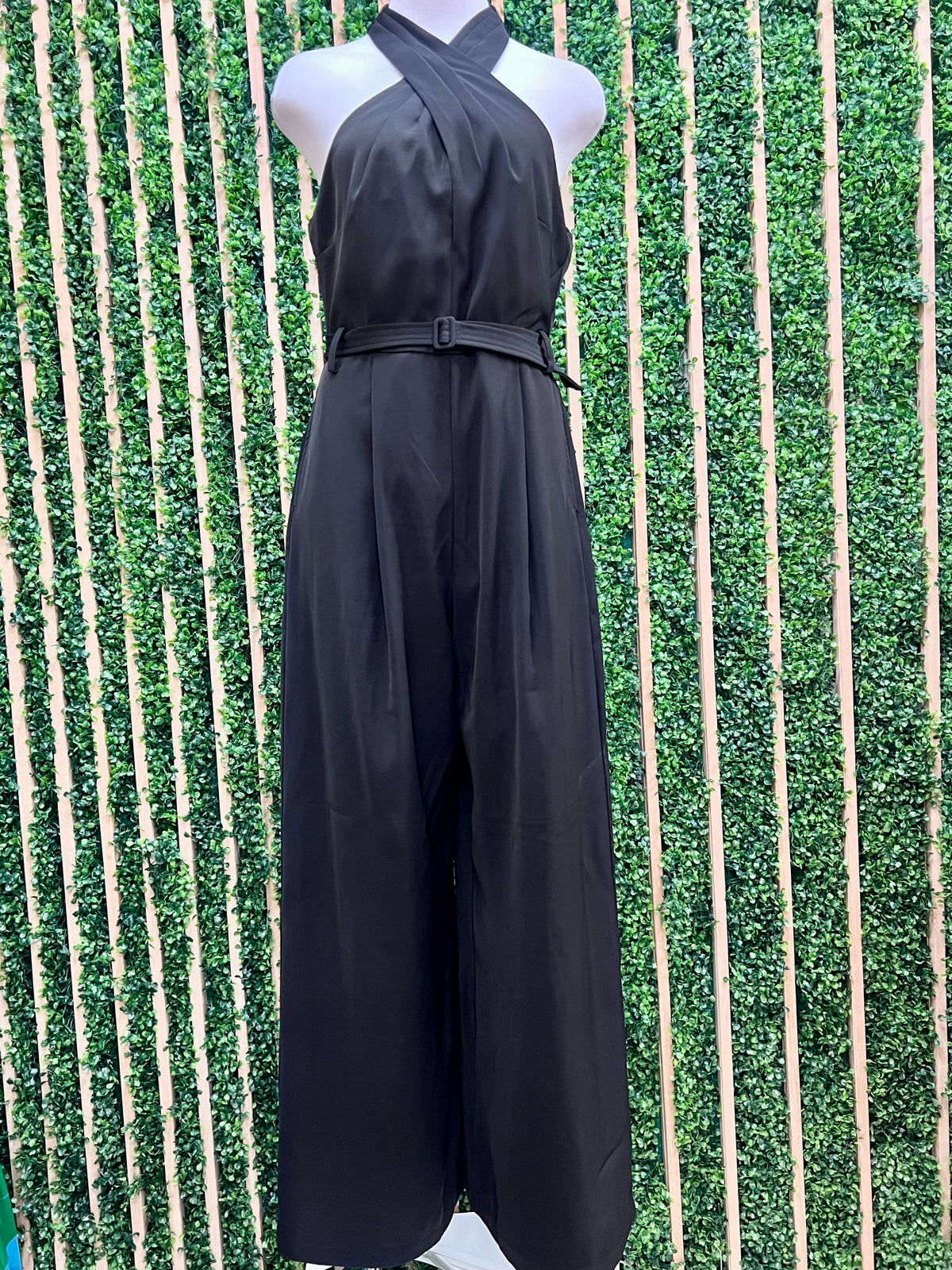 Black Overlapping Halter Neck Wide Leg Jumpsuit