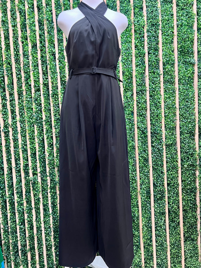 Black Overlapping Halter Neck Wide Leg Jumpsuit