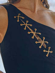 Black Cross Chain Detail One Shoulder Dress