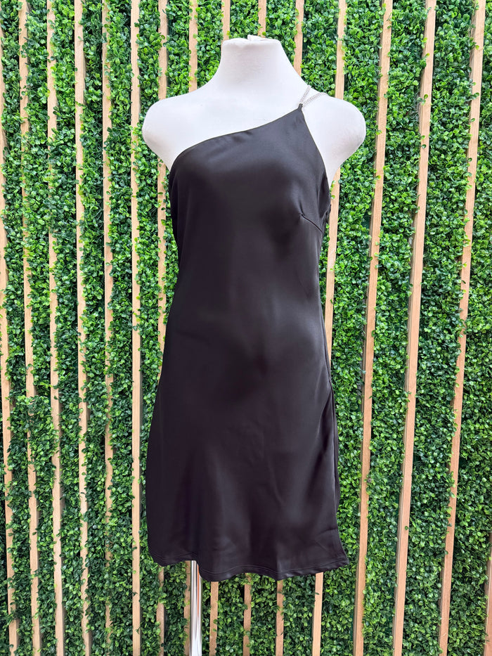 Black Satin One Shoulder Short Dress