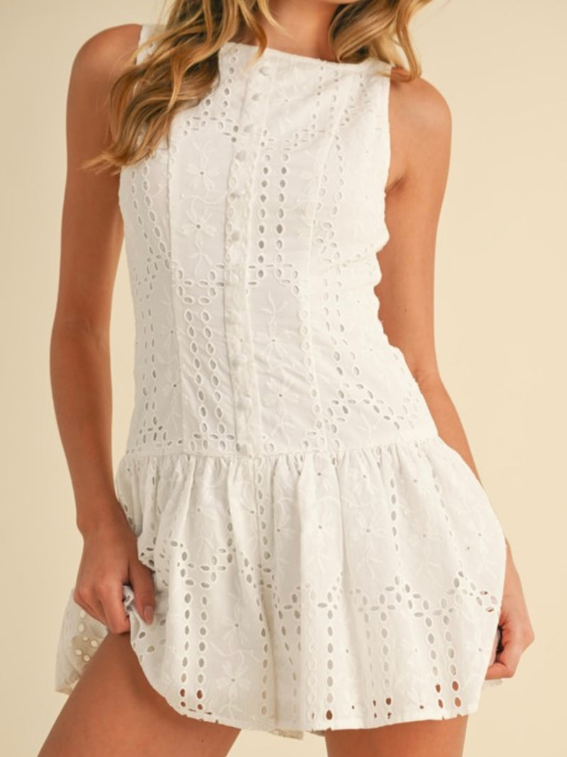 White Eyelet High Boat Neck Romper