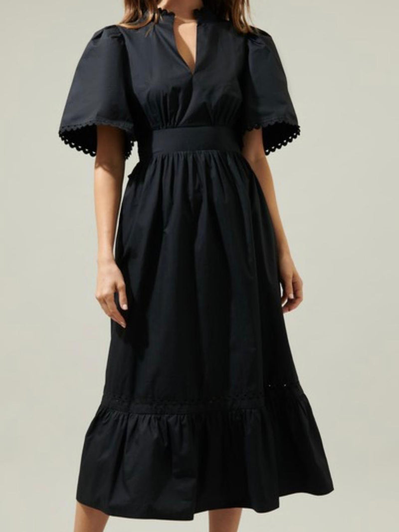 Black Balloon Sleeve Waisted Midi Dress