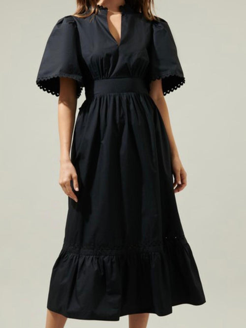 Black Balloon Sleeve Waisted Midi Dress