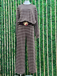 Chocolate & Ivory Striped Knit Top and Wide-Leg Pants Set