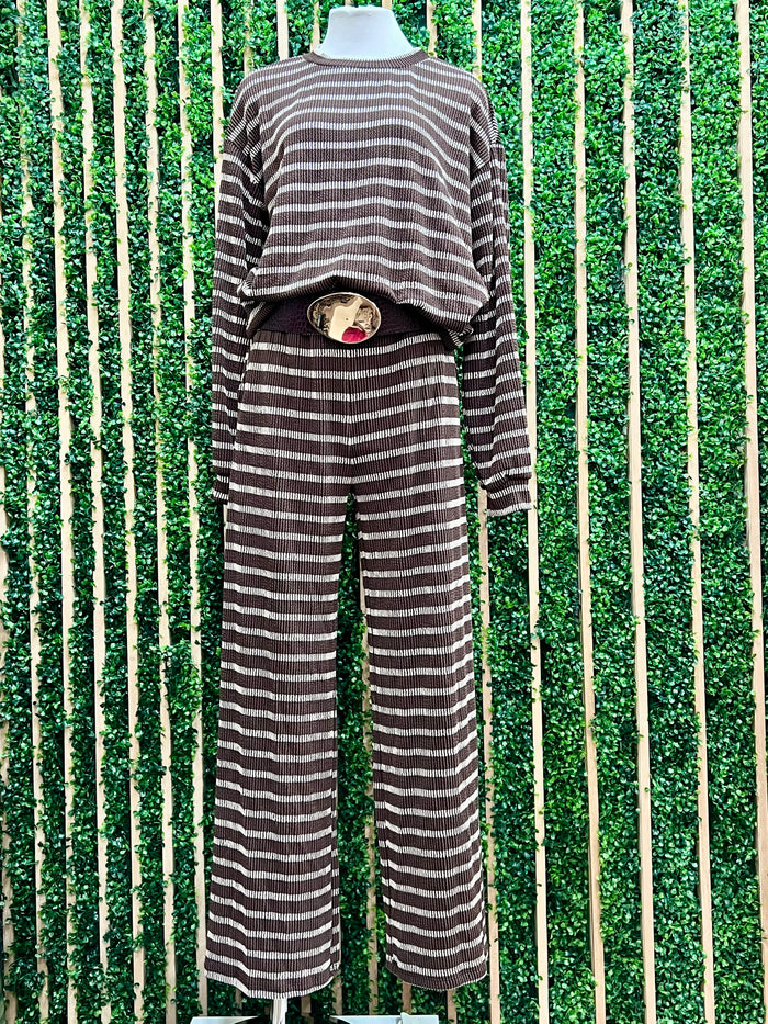 Chocolate & Ivory Striped Knit Top and Wide-Leg Pants Set