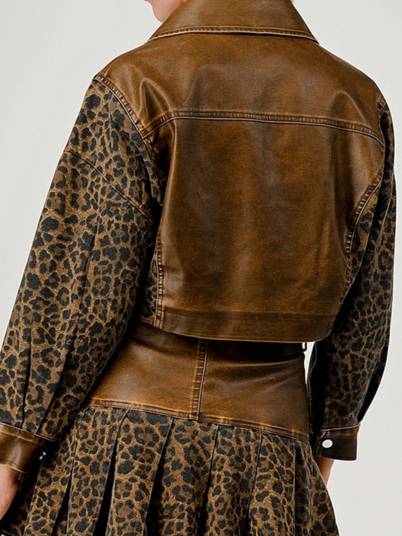 Pleather Detail Leopard Jacket